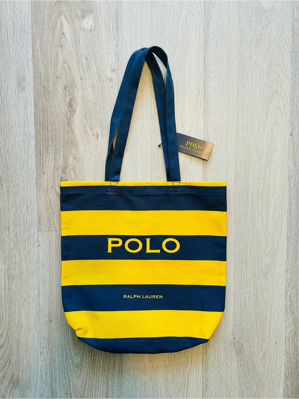 Polo by Ralph Lauren Bold Navy and Yellow Striped Canvas Tote NWT
